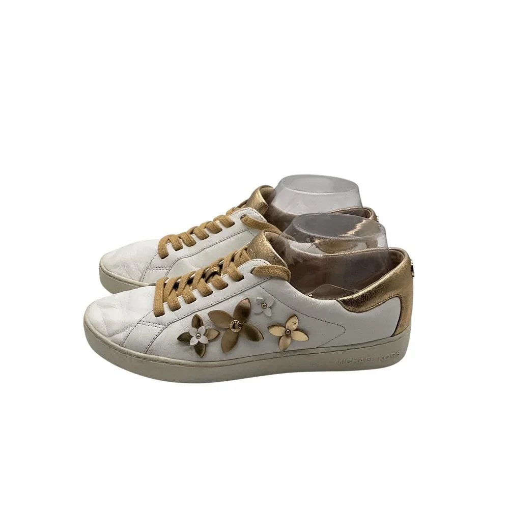Michael Kors White Leather Gold Floral Applique Low Top Sneakers Womens 9.5 M